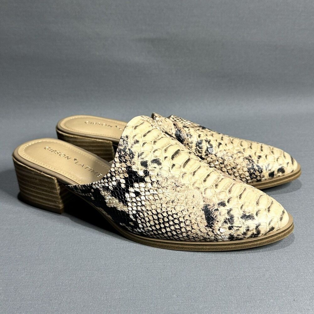 Gibson Latimer Goat Leather Joury Snake Print Block Heel Mules Size 8M Slip On
